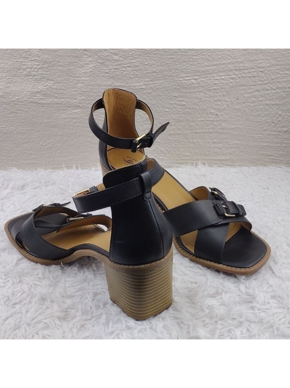 G.H. Bass & Co. Penelope Black Open Toe Ankle Strap Block High Heel Sandal Shoe - Picture 15 of 15